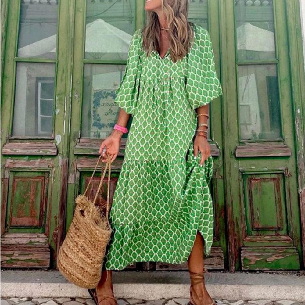 AMILIEe Women Boho Floral Puff Sleeve Tiered Maxi Dress Casual Long Dress